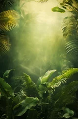 Raamstickers Dreamy tropical landscape with rainforest. Banner with greenery and copy space for your text. Bali style template for your design, exotic photo with green palm leaves and atmospheric sunlight rays.  © pijav4uk