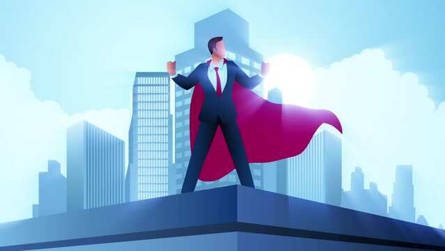 Businessman as a superhero standing on the top of a building, accomplishment, determination, conquer obstacles, motion graphics