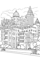  USA United States San Antonio cityscape black and white coloring page book for adults. US America Texas skyline, buildings, street, landmarks vector outline sketch for anti stress