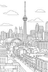 Canada Toronto cityscape black and white coloring page book for adults. Ontario province megapolis skyline, buildings, street, landmarks vector outline sketch for anti stress