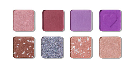 Top view set of eye shadow colorful swatches isolated with translucent hard shadow, in metal square package. Close up matte and shiny eyeshadow with colored powder for makeup, cutout object for design