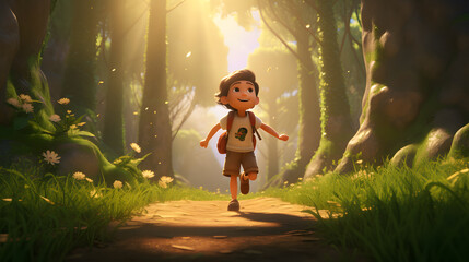 Little Kid with Backpack Playing in Jungle 3D Render - Generative AI 