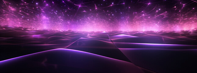 Abstract Cyber Space Banner Background with Fractal Skyline. Black violet tech futuristic background, light, abstract glowing rays with flickering particles. 