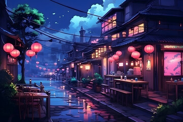 A Beautiful Japanese Cityscape in the Evening, with Houses Lining the Street. The Scene Radiates an Anime Comics Artstyle, Enveloping the Viewer in the Cozy Lofi Charm of Asian Architecture