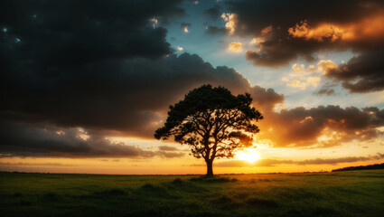 Fototapeta na wymiar photo wide angle shot of a single tree growing under a clouded sky during a sunset surrounded by grass