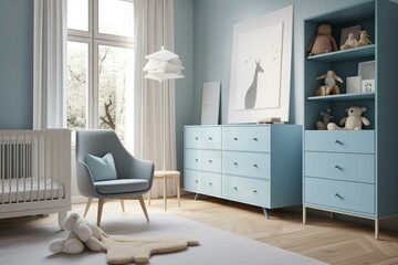 Fototapeta na wymiar Serene nursery with soothing blue furniture and a contemporary minimalist architecture office with stylish furniture. Generative AI