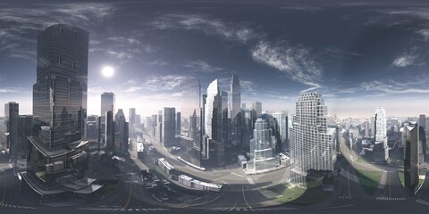 Fototapeta na wymiar Modern city, skyscraper panorama, 360 panorama. Environment map. HDRI map. equidistant projection. Spherical panorama