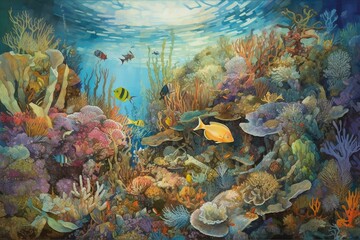 Artwork showing underwater environment with fish, coral reef, and deep blue sea. Generative AI