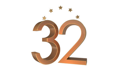 gold 3d number 32 on round shape 