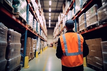 a clerk is checking goods in a large warehouse room with high shelves - obrazy, fototapety, plakaty