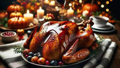 Foto op Plexiglas An image of a close-up view of a roast turkey during a Thanksgiving feast - Generative AI © lilyl