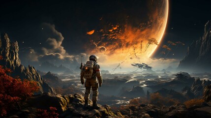 An astronaut landed on the surface of a distant alien planet, an astronaut in a spacesuit explores space