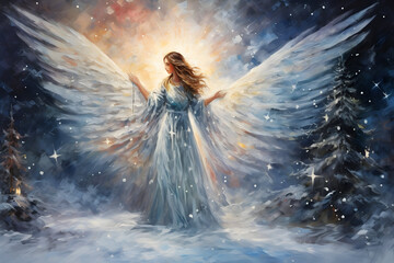 Fototapeta na wymiar An Angel by the Christmas Tree on a Snowy Starry Night, Painted with Breathtaking Artistry and a Touch of Magic