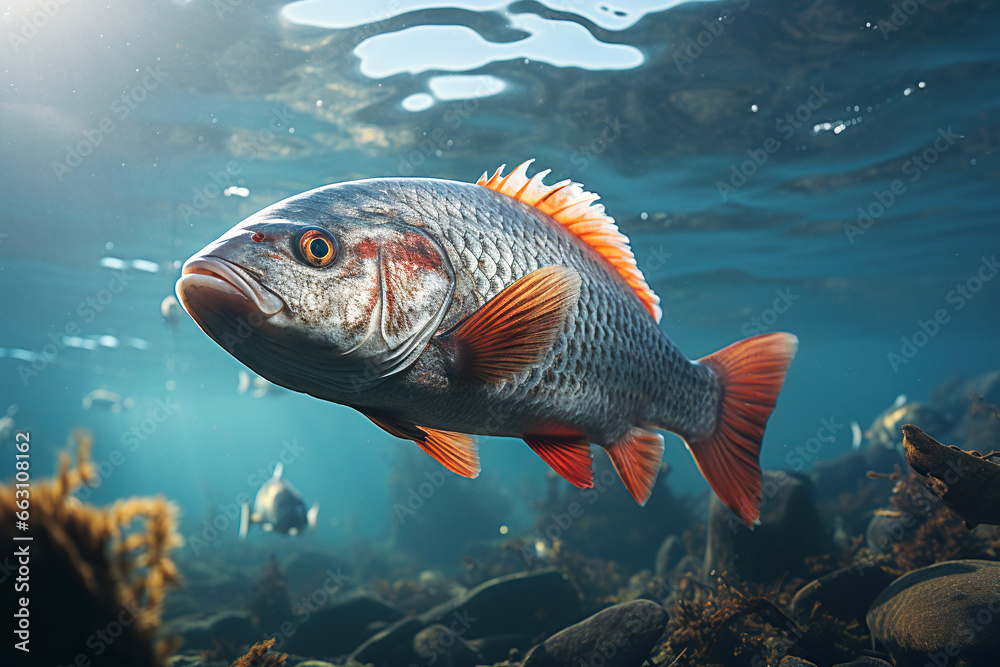 Wall mural big fish perch underwater in river. Fishing for freshwater predatory fish in the lake