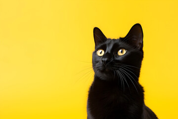 A Black Cat Posing Gracefully Against a Vibrant Yellow Background