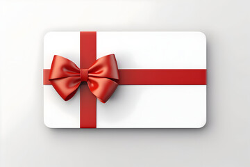A Blank White Gift Card with a Red Ribbon Bow Rests in the Corner, Isolated on a Grey Background with a Shadow. A Minimal Conceptual 3D Rendering