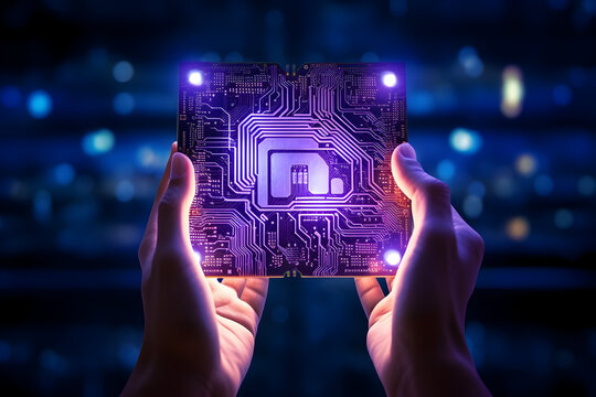A Businessman's Hand Touching an AI Brain Circuit Board Shaped Like an Electronic PCB Icon in a Cyberpunk Blue, Purple, and Violet Neon Cyberspace. Illustrating Innovative Technology and Machine