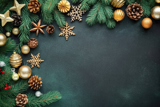 Christmas background. Christmas ornaments, fir tree branches, stars and christmas balls on black background
