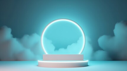 Abstract minimal concept.illuminated neon podium with soft clouds background in 3d style