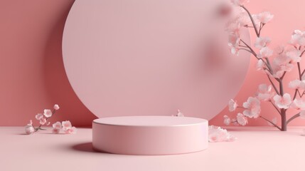 Abstract Minimal Concept. Round pastel pink podium with pink sakura backdrop in 3d style 