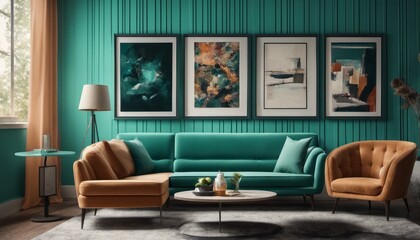 Modern living room with a mid-century style, you’ll find lounge chairs and a sofa arranged against a teal classic paneling wall adorned with art posters.