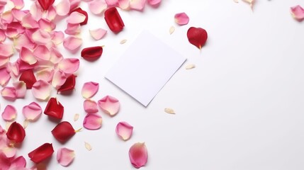 Floral valentines card concept,Beautiful pink red roses on white background with small white card,flat lay