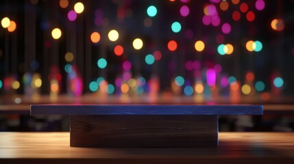 Empty wooden table top with colourful bokeh disco light theme background