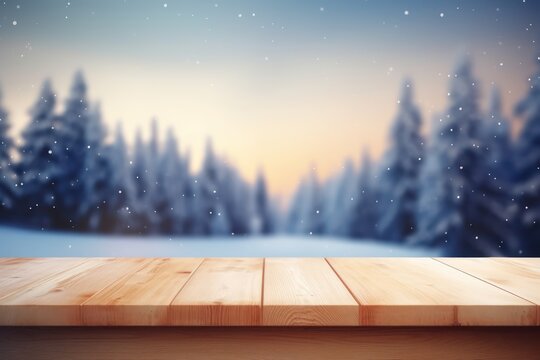 Empty wooden table top with bokeh background about winter christmas concept theme, snow bokeh backdrop with wooden table podium