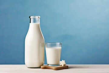 A bottle of milk and a glass of milk on a wooden table on a blue background. - obrazy, fototapety, plakaty
