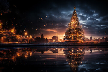 Enchanting Christmas Tree adn landscape with Baubles, Blurred Shiny Lights, and Magical Festive Delights