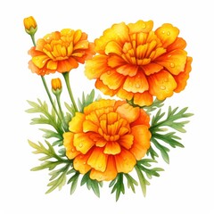 Watercolor autumn marigold flowers with raindrops on white background.