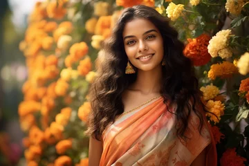 Foto op Canvas A beautiful positive Indian girl in traditional national clothes, a saree and jewelry, poses in a paradise flower garden. © photolas