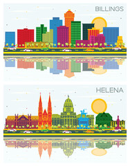 Obraz premium Helena and Billings Montana City Skyline set with Color Buildings, Blue Sky and Reflections. Cityscape with Landmarks.