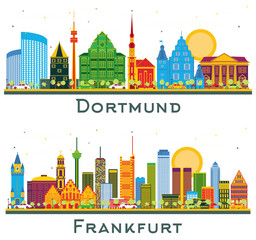 Frankfurt and Dortmund Germany City Skyline set with Color Buildings isolated on white.