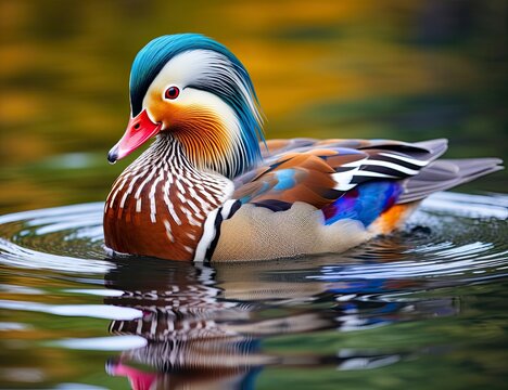 Closeup of mandarin duck swimming in lake.