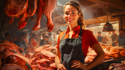Beautiful smiling butcher woman stands at the meat counter