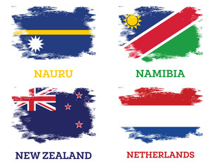 Obraz na płótnie Canvas New Zealand, Namibia, Netherlands and Nauru Flags set with Brush Strokes.