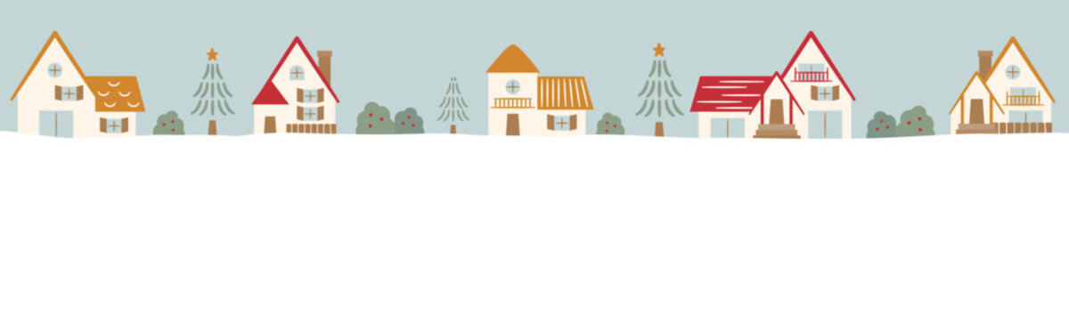 おしゃれなクリスマスやホリデーシーズンのコピースペースのある雪のふる冬の街並み_手描き風ベクターイラストフレーム・背景