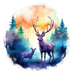 Colorful Deers in Forest. T-shirt design.