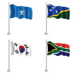 South Korea, Solomon Islands, South Africa and Somali Flag set. Isolated Realistic Wave Flag on Flagpole.