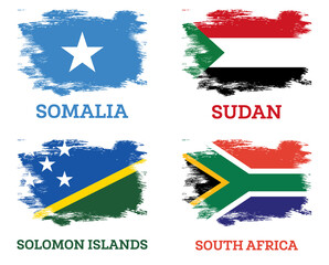 Sudan, Solomon Islands, South africa and Somalia Flags set with Brush Strokes.