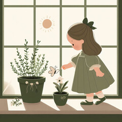 Girl and butterfly looking at flower and tree pots