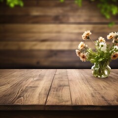 Empty wooden table top with garden and flowers background.