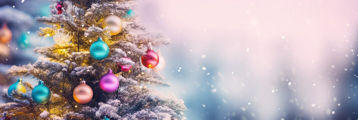 Fototapeta na wymiar Big Christmas tree outside on a snowy night