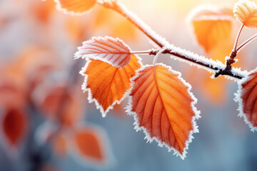 Beautiful colorful nature with bright orange leaves covered with frost in late autumn or early winter. - Powered by Adobe