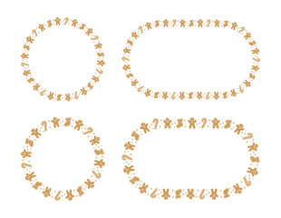 Obraz premium Round Gingerbread Cookies Frame Border Set, Christmas Winter Holiday Graphics. Homemade sweets pattern, card and social media post template on white background. Isolated vector illustration.