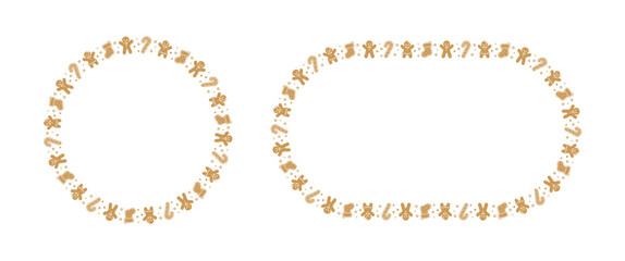 Round Gingerbread Cookies Frame Border Set, Christmas Winter Holiday Graphics. Homemade sweets pattern, card and social media post template on white background. Isolated vector illustration.