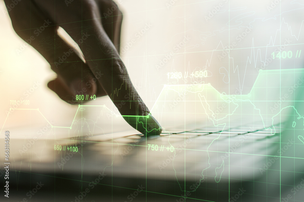 Poster multi exposure of stats data illustration with hands typing on computer keyboard on background, comp