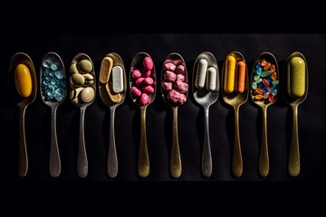 Assorted pills and tablets on a spoon. Generative AI