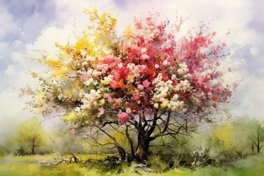 Watercolor painting of blooming apple tree in spring. Generative AI
